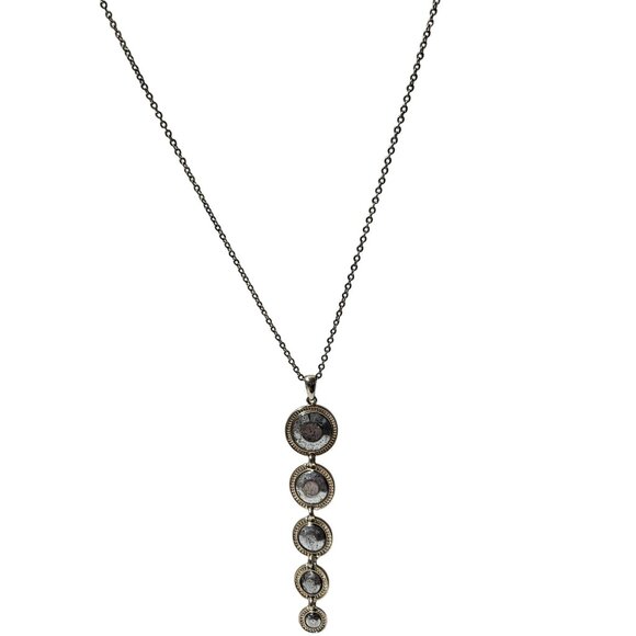 Elegant Long Silver Tone Necklace Five Round Resin Pendants Statement Jewelry - Picture 1 of 7